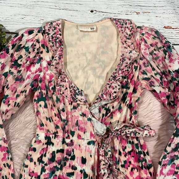 Rococo Sand Mimi Ruffle Trim Long Sleeve Mini Wrap Dress Pink Floral Barbiecore - Picture 6 of 11